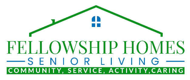 Fellowship Homes Senior Living logo featuring a green house roof outline with a blue window, and the tagline: Community, Service, Activity, Caring.